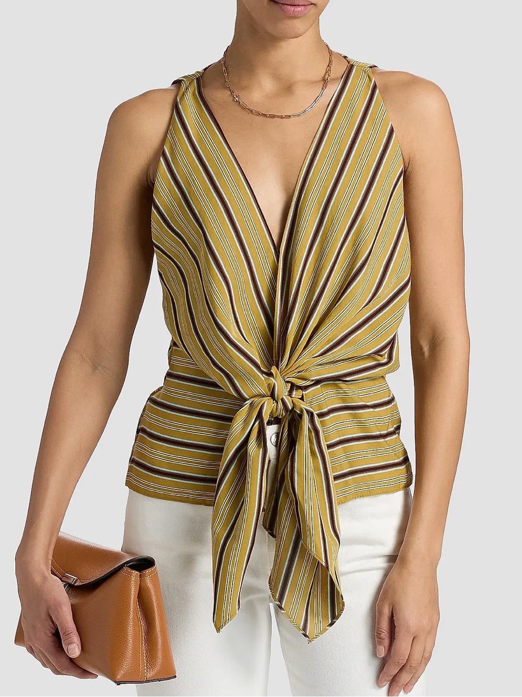 A.L.C. Striped Mustard And Brown Tie-Front Sleeveless Camisole